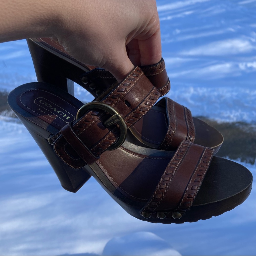 Coach Chrissy Brown Leather Whipstitch Gold Buckle Gold Studded Wooden Heels - Picture 8 of 17